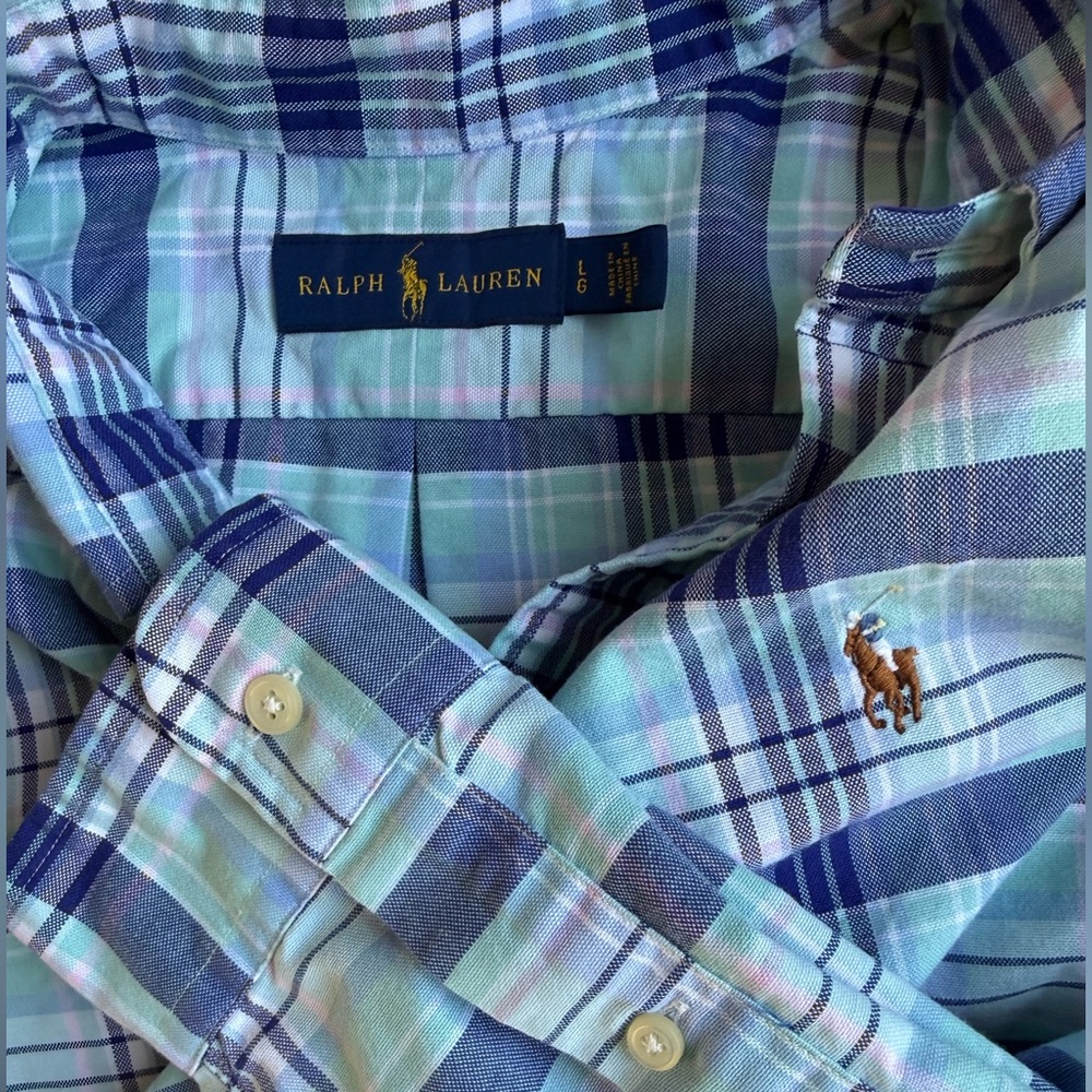 Ralph Lauren Men's Green and Blue Plaid Shirt